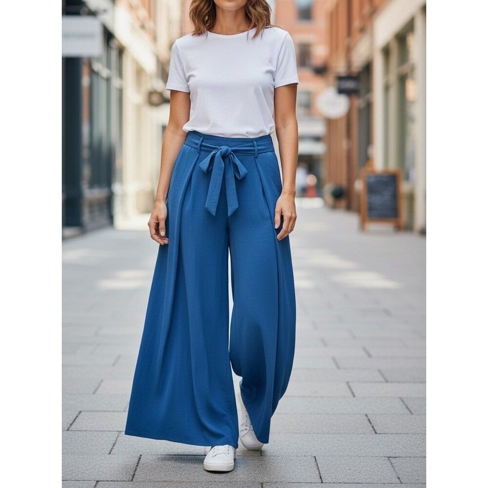 Women's S Light Blue Wide Leg Palazzo Pants High Rise Tie Waist Pull-On